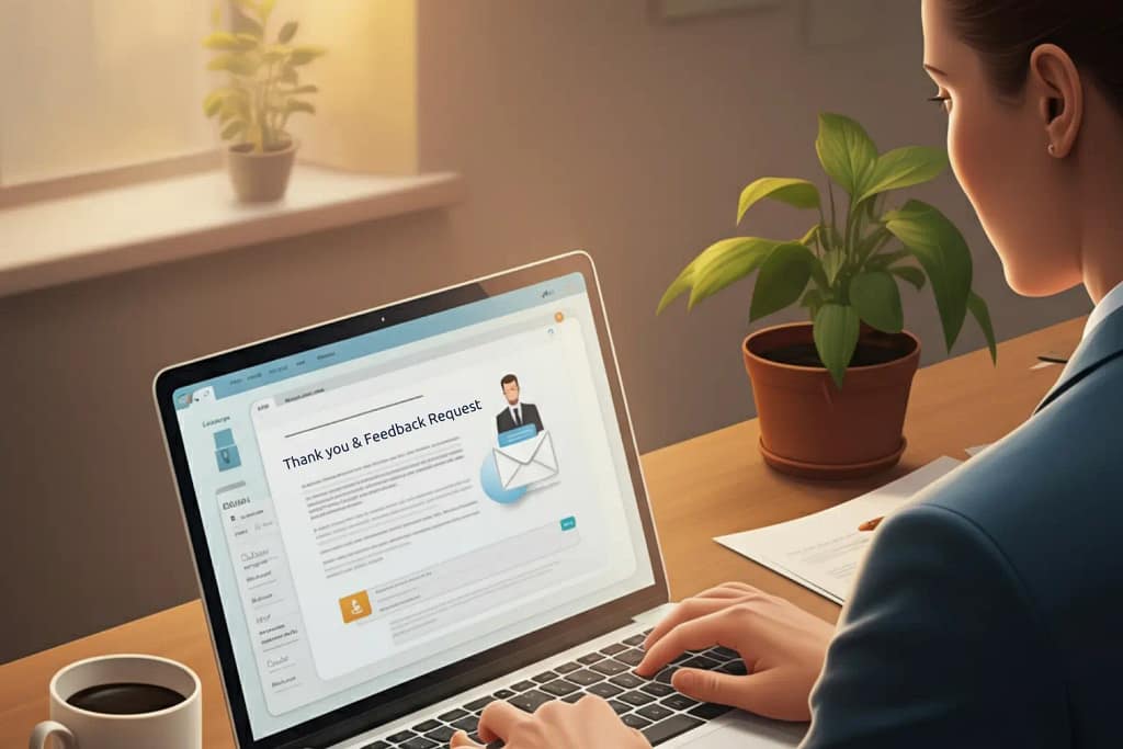 Woman in professional attire typing on a laptop with a “Thank you & Feedback Request” message on screen